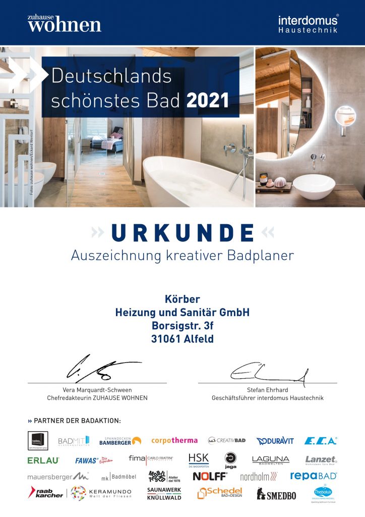 Deutschlands schönstes Bad - Urkunde für Körber, Heizung und Sanitär GmbH aus Alfeld