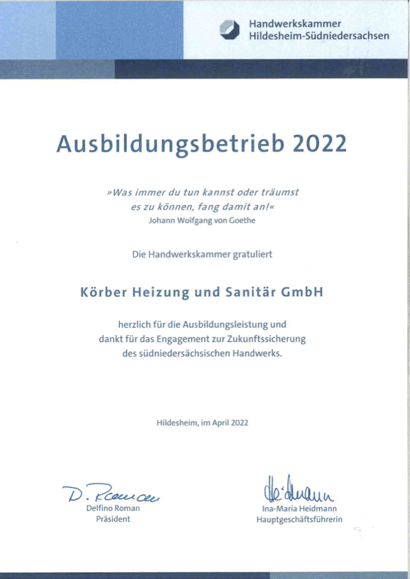 Ausbildungsbetrieb 2022-Handwerkskammer Hildesheim-Südniedersachsen - Urkunde für Körber, Heizung und Sanitär GmbH aus Alfeld